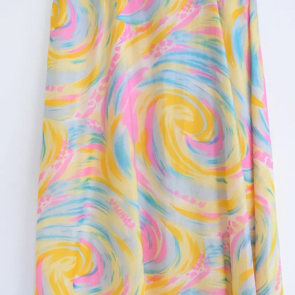 Yellow Teal Pink Tie Dye Sleeveless  Sunset Rainbow Cloud Flowy Maxi Dress M - Picture 5 of 13